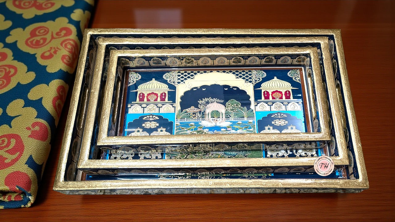 wooden rajasthani design tray , set of 3 trays for home/ office/ gift item